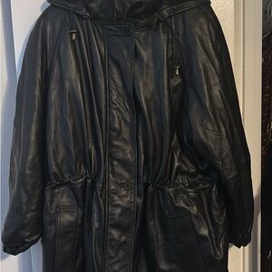 Elegant Black Leather Hooded Jacket